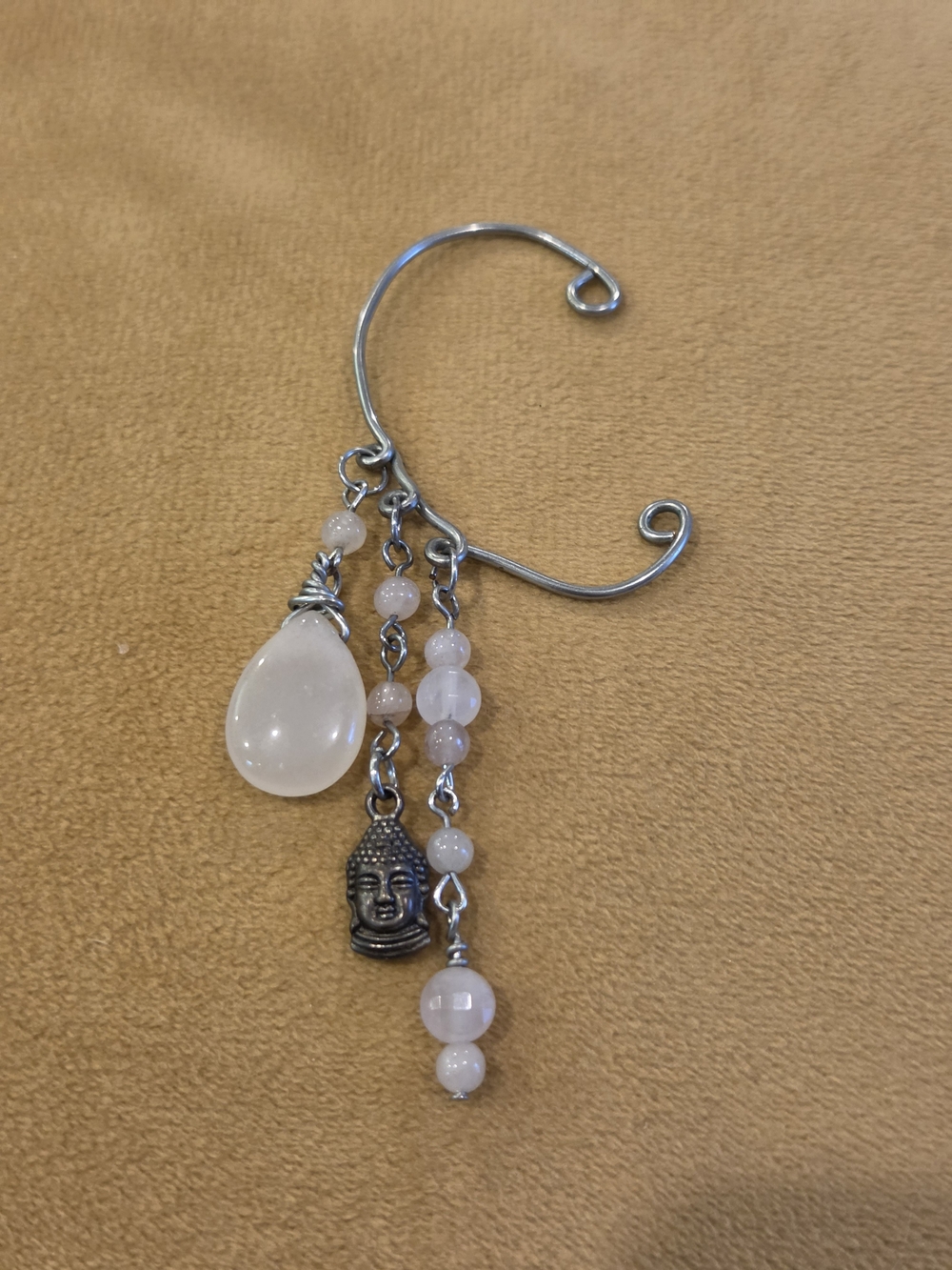 Handmade Silver Rose Quartz Drop and Buddha Charm Ear Cuff - Pink